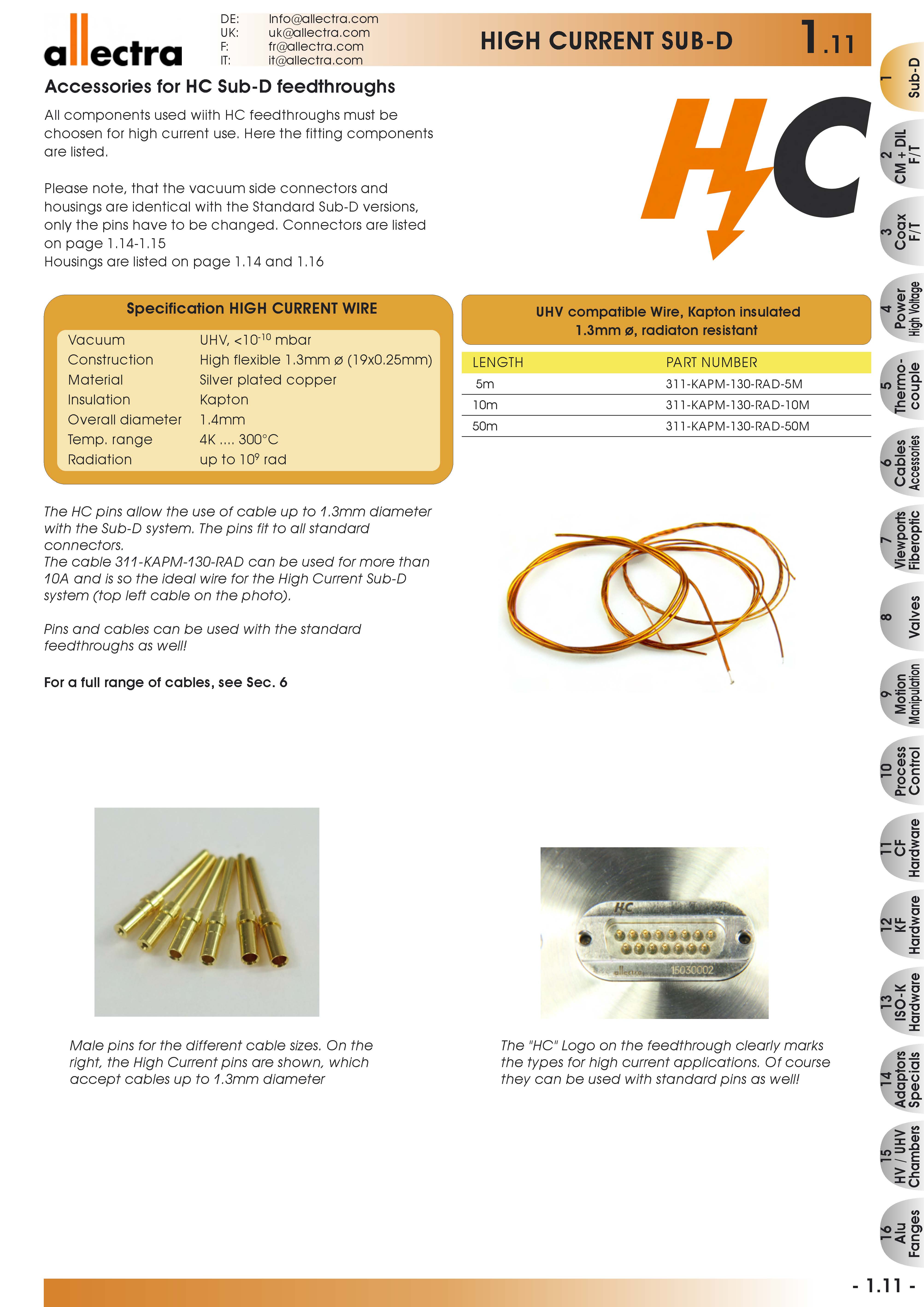 allectra高电流型Sub-D真空馈通附件,电缆，针
