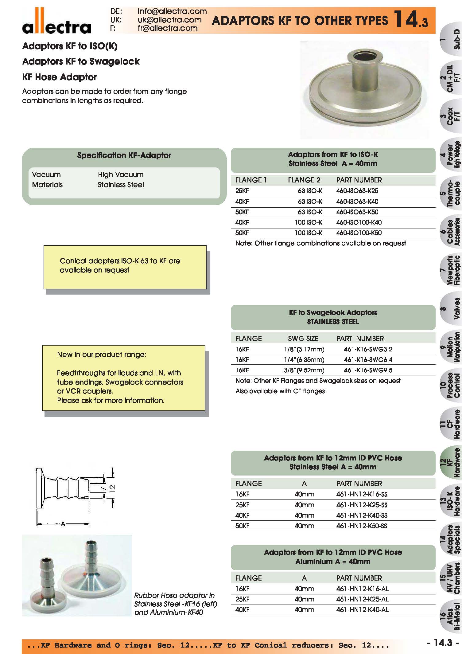 allectra 转接头和特殊配件，KF转ISO-K转接，KF转Swagelock转接，KF连接软管接头
