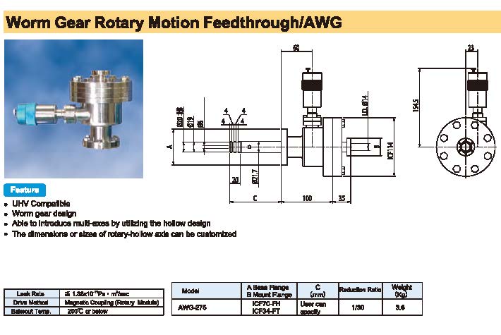 Rdec VacuumProducts 蜗杆旋转驱动真空馈通AWG型