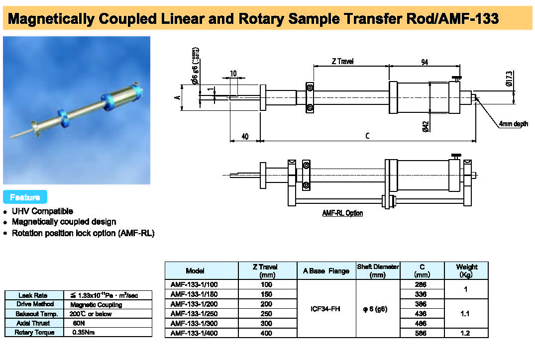 磁耦合线性和旋转样品传输杆AMF-133型