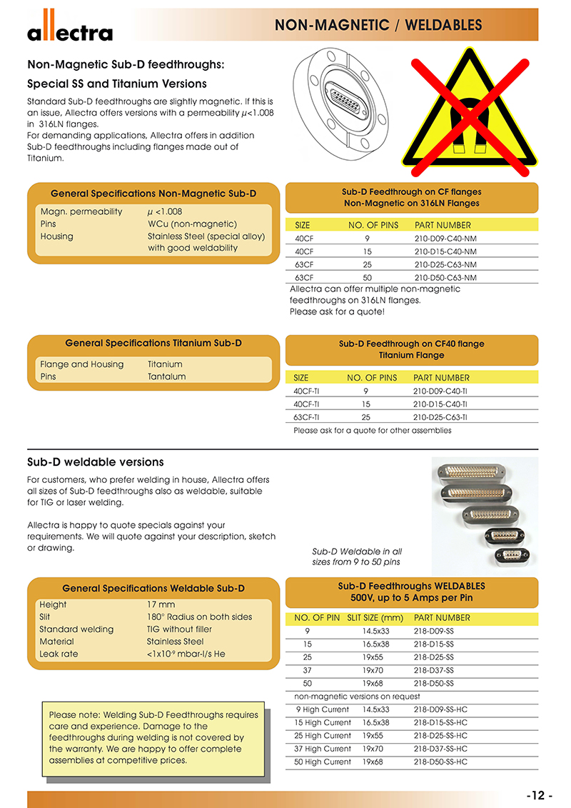 allectra非磁性的Sub-D真空馈通