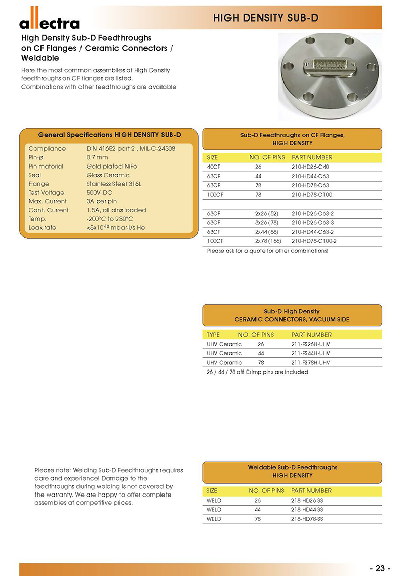 allectra CF法兰-陶瓷连接头，可焊接的高密度型真空馈通Sub-D
