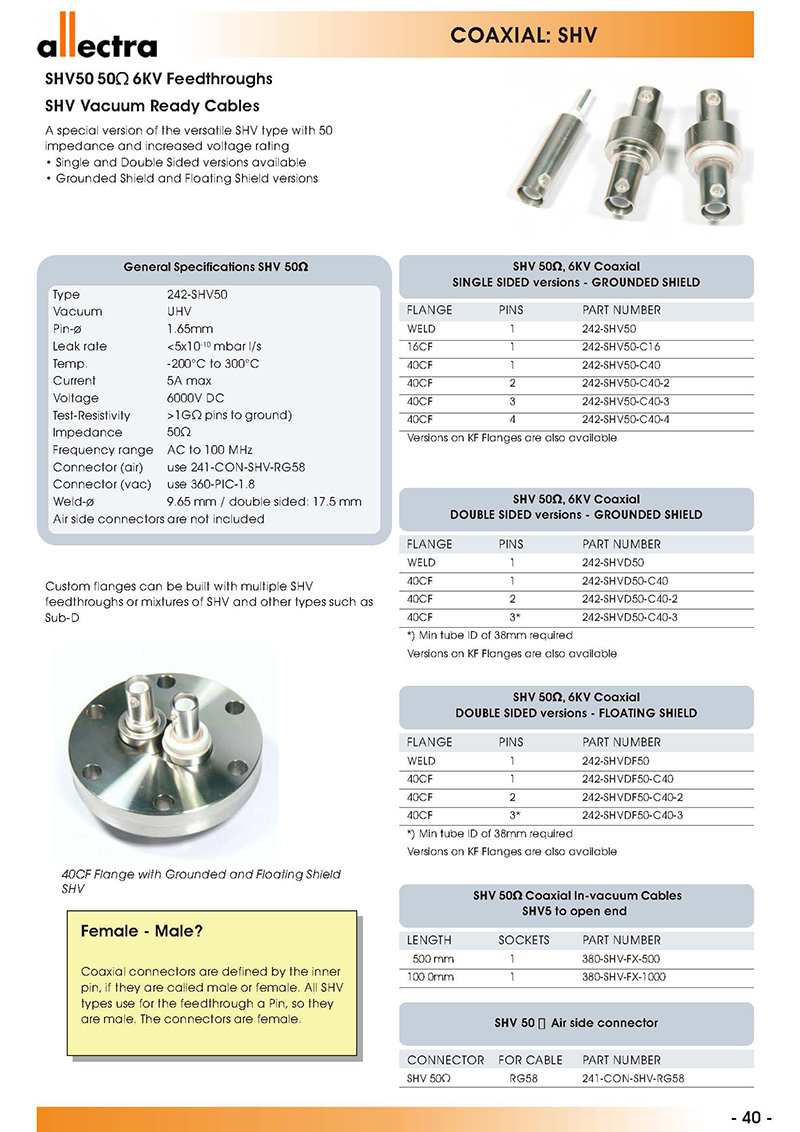 allectra同轴型SHV50欧姆6KV真空馈通，SHV真空线缆