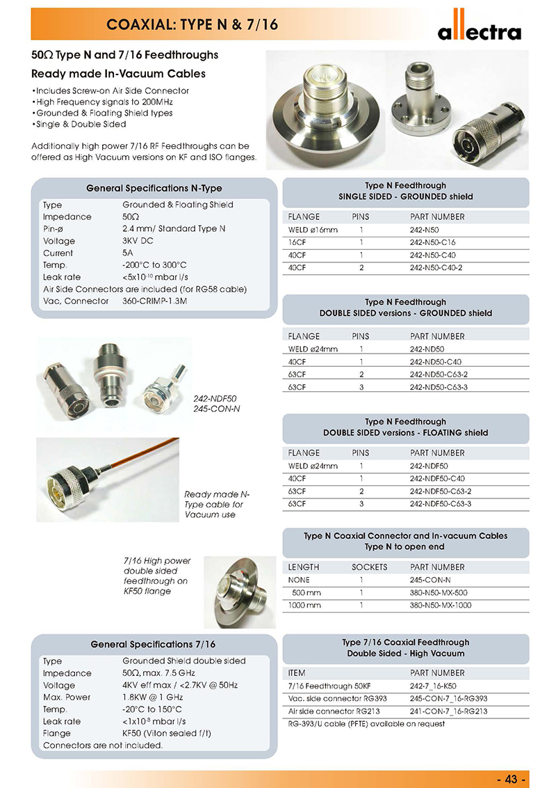 allectra同轴型50欧姆N型7-16型真空馈通，真空线缆