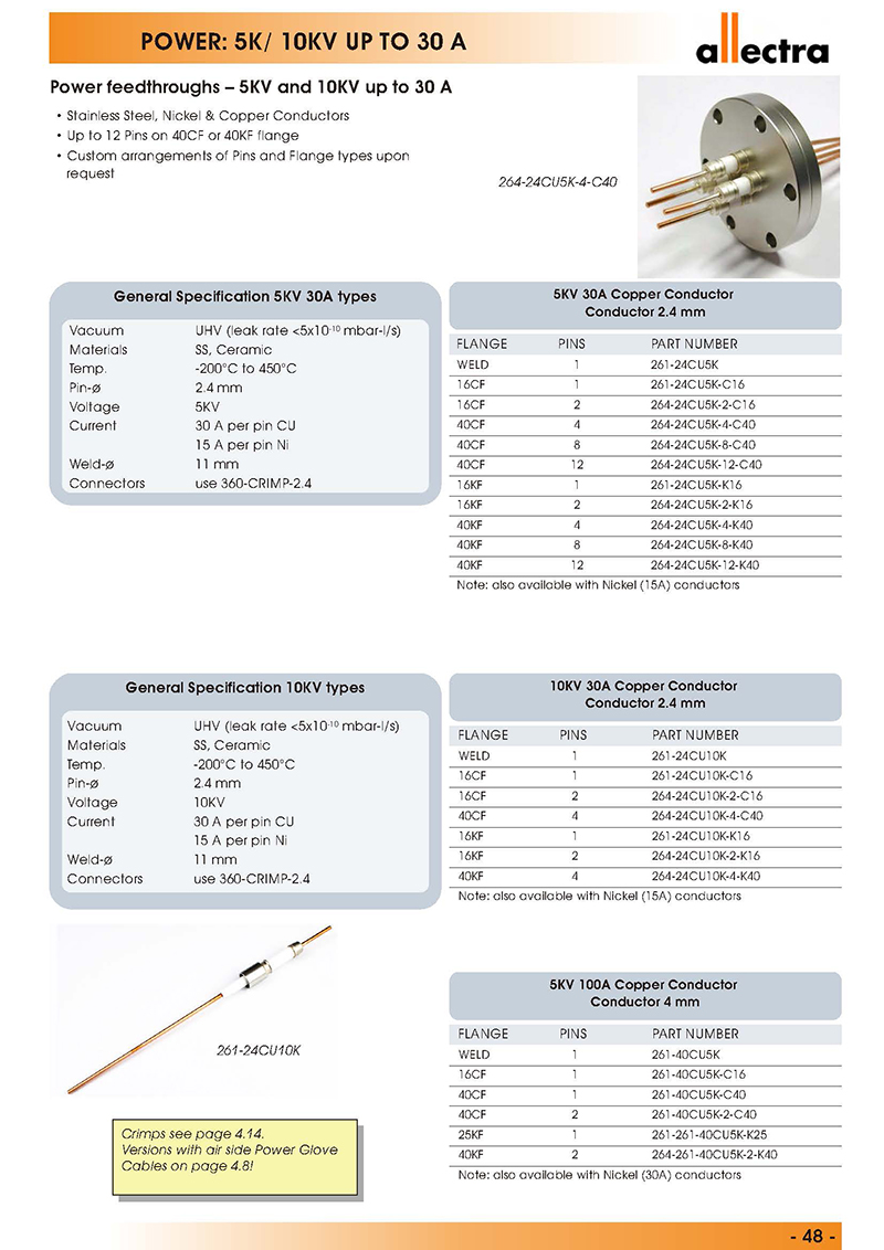 allectra功率型真空馈通，5KV-10KV电流可达30A