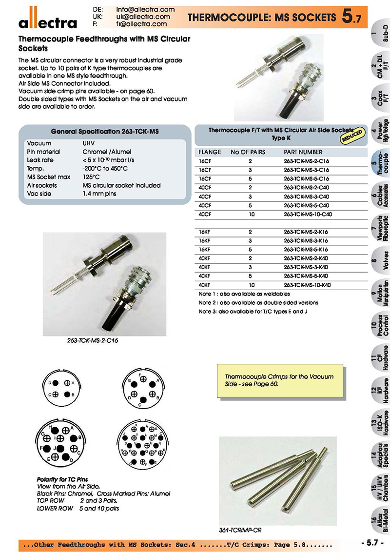 allectra热电偶MS-SOCKETS，MS圆形插座热电偶真空馈通