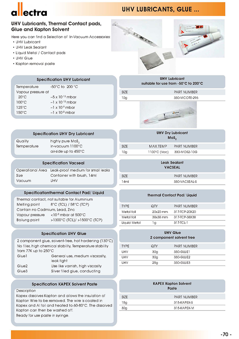 allectra超高真空润滑剂，热接触垫，真空胶和Kapton溶剂