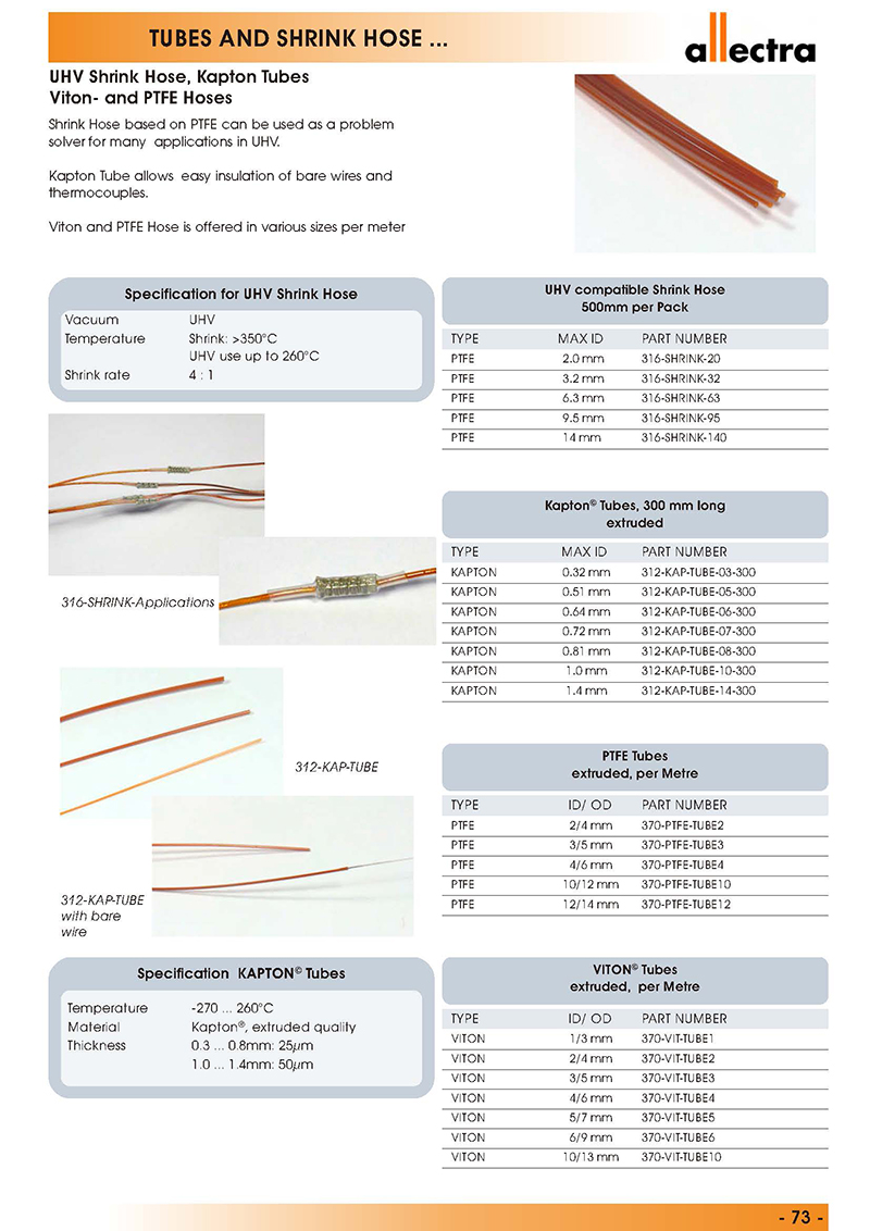 allectra超高真空热缩管，Kapton管，Viton管和PTFE管