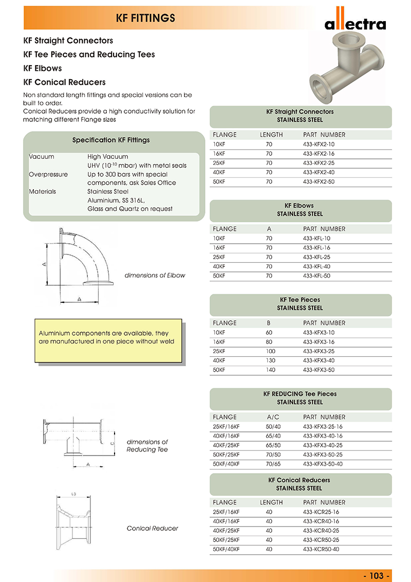 allectra KF转接，KF直通，KF三通和异径三通接头，KF弯管，KF锥形收缩直通
