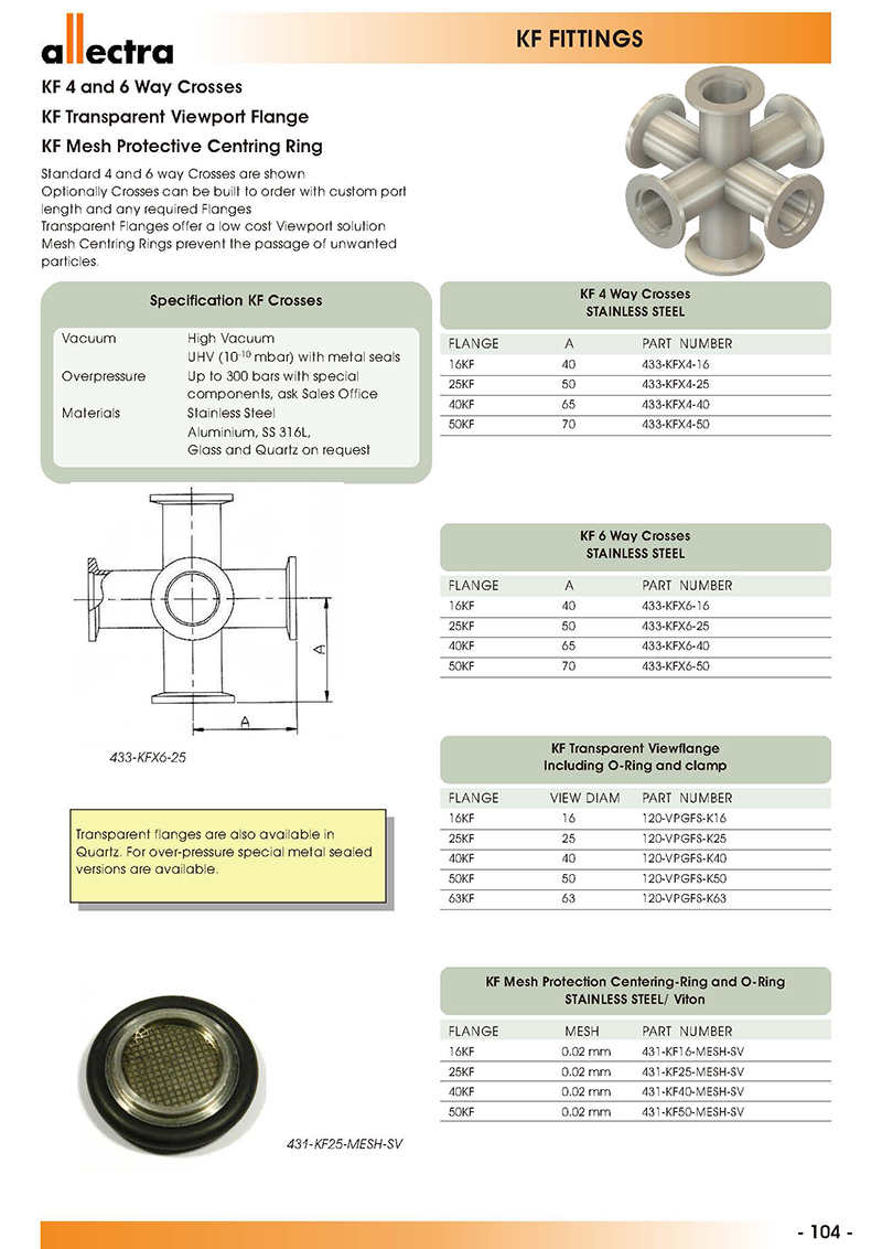 allectra KF转接，KF四通和六通接头，KF透明视窗法兰，KF网格保护O圈