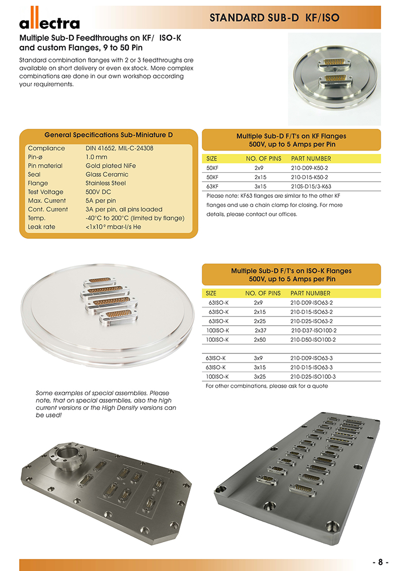 Allectra Multiple Sub-D Feedthroughs on KF/ ISO-K and custom Flanges（标准Sub-D,KF-ISO法兰连接头）